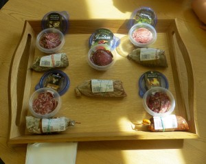 Five varieties of sausage we sampled.